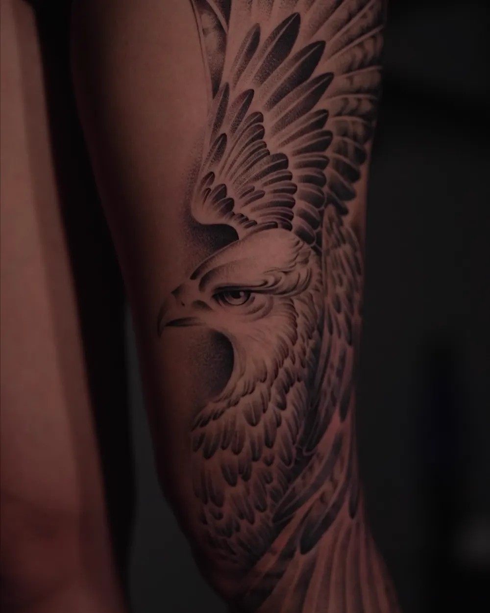 Eagle in flight — black & grey realism tattoo on the forearm, by Foenix Ink, Hollywood FL (1/3)