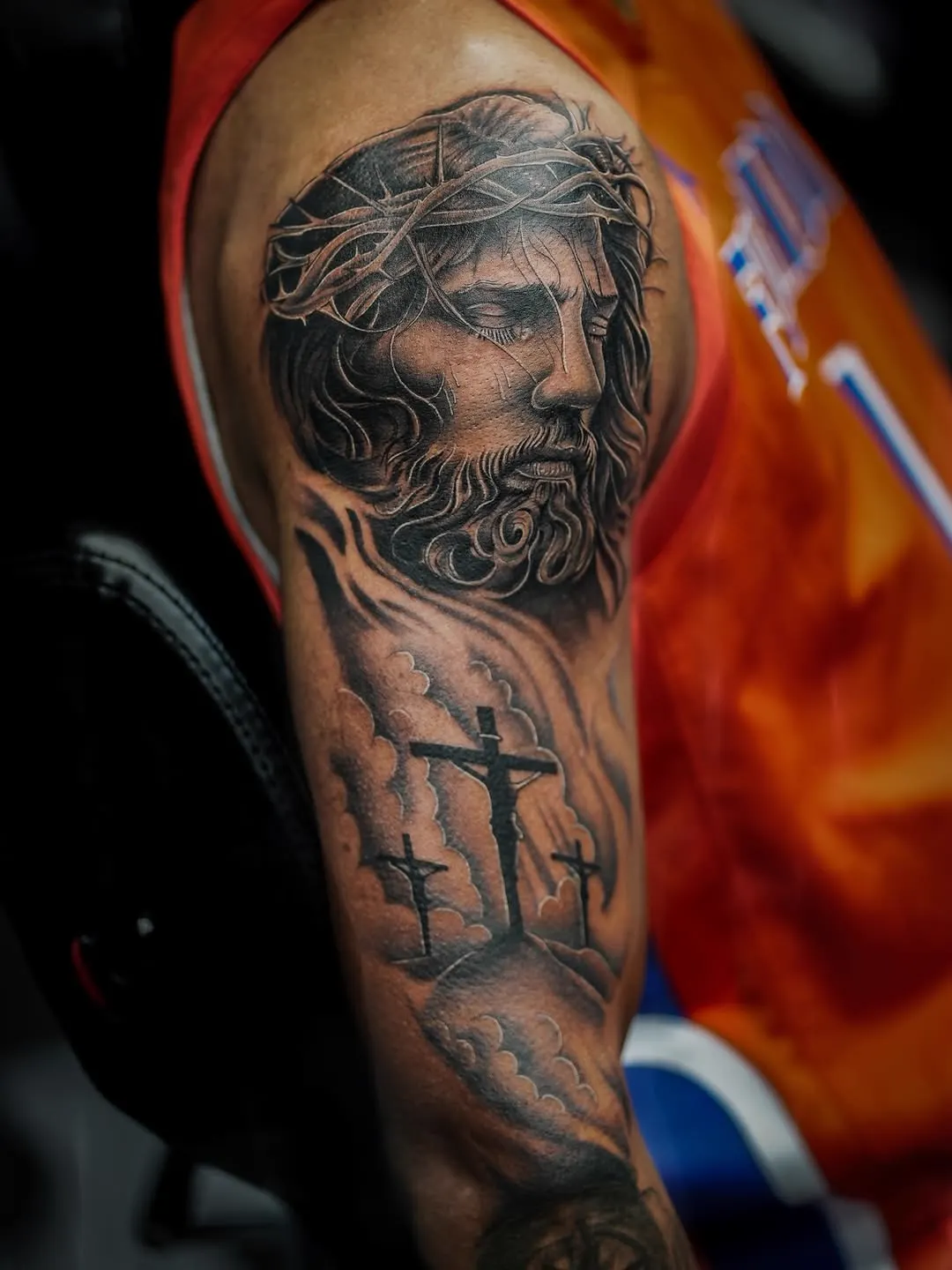 Christ portrait with crosses — black & grey realism tattoo on the full sleeve, by Foenix Ink, Hollywood FL (session 1)