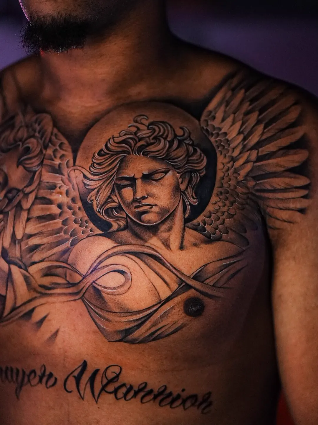 Guardian angels with "Prayer Warrior" script — black & grey realism tattoo on the chest, by Foenix Ink, Hollywood FL (session 3)