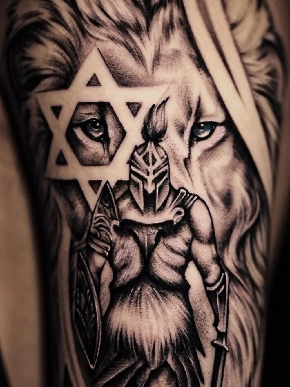 Lion and Spartan warrior with Star of David — black & grey realism tattoo on the upper arm, by Foenix Ink, Hollywood FL (2/2)