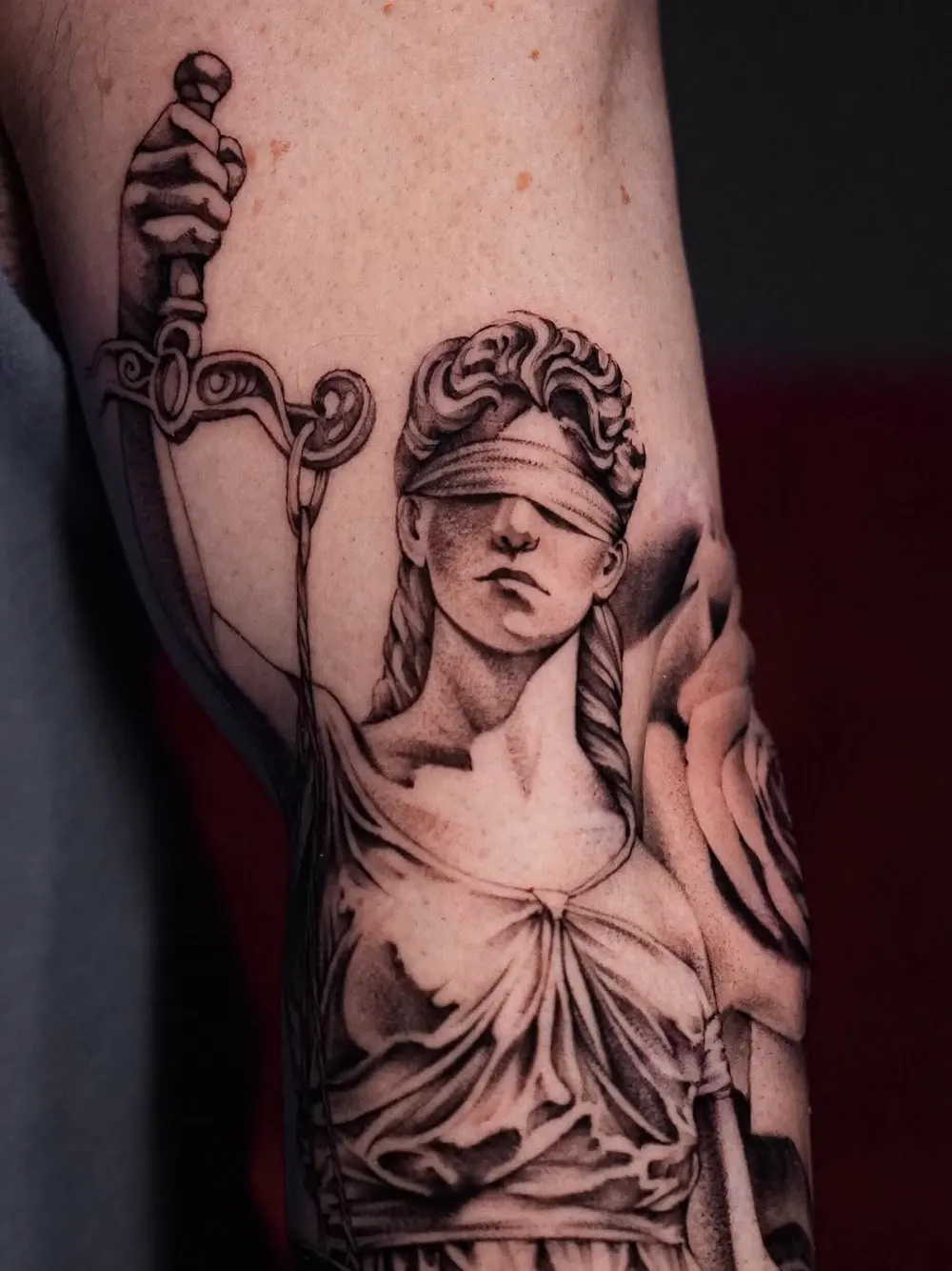 Lady Justice with scales — black & grey realism tattoo on the arm, by Foenix Ink, Hollywood FL (1/3)