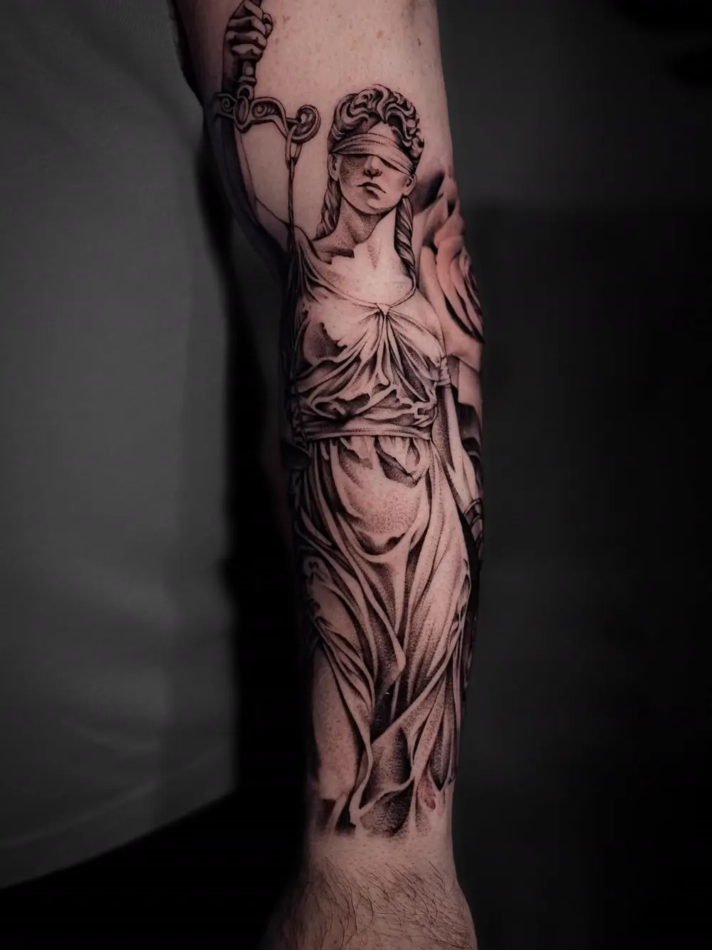 Lady Justice with scales — black & grey realism tattoo on the arm, by Foenix Ink, Hollywood FL (2/3)
