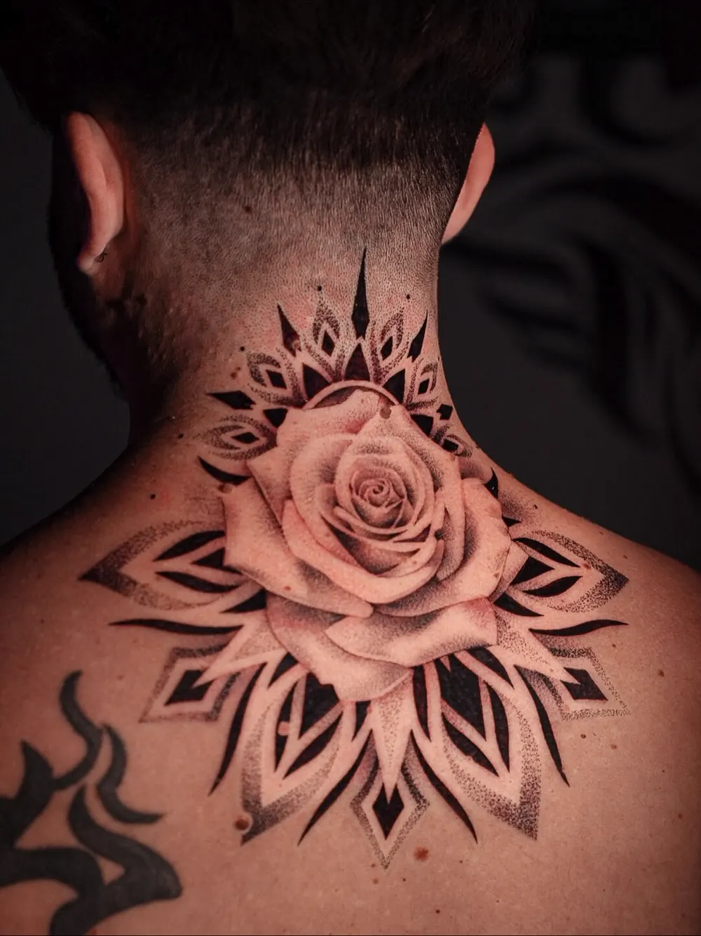 Rose and mandala — floral & ornamental tattoo on the nape and upper back, by Foenix Ink, Hollywood FL (1/2)