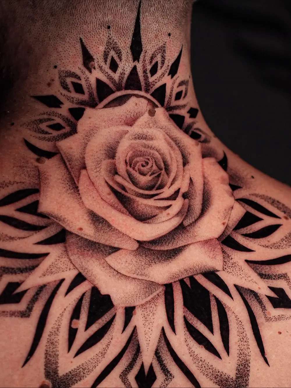Rose and mandala — floral & ornamental tattoo on the nape and upper back, by Foenix Ink, Hollywood FL (2/2)