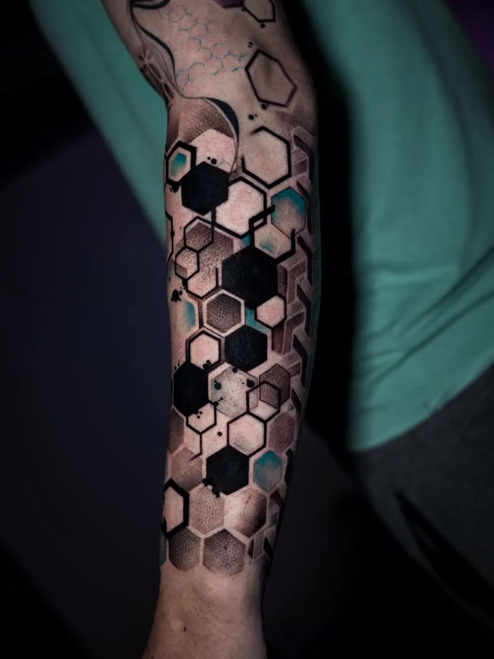 Hexagon honeycomb pattern — blackwork geometric tattoo on the forearm, by Foenix Ink, Hollywood FL (1/2)