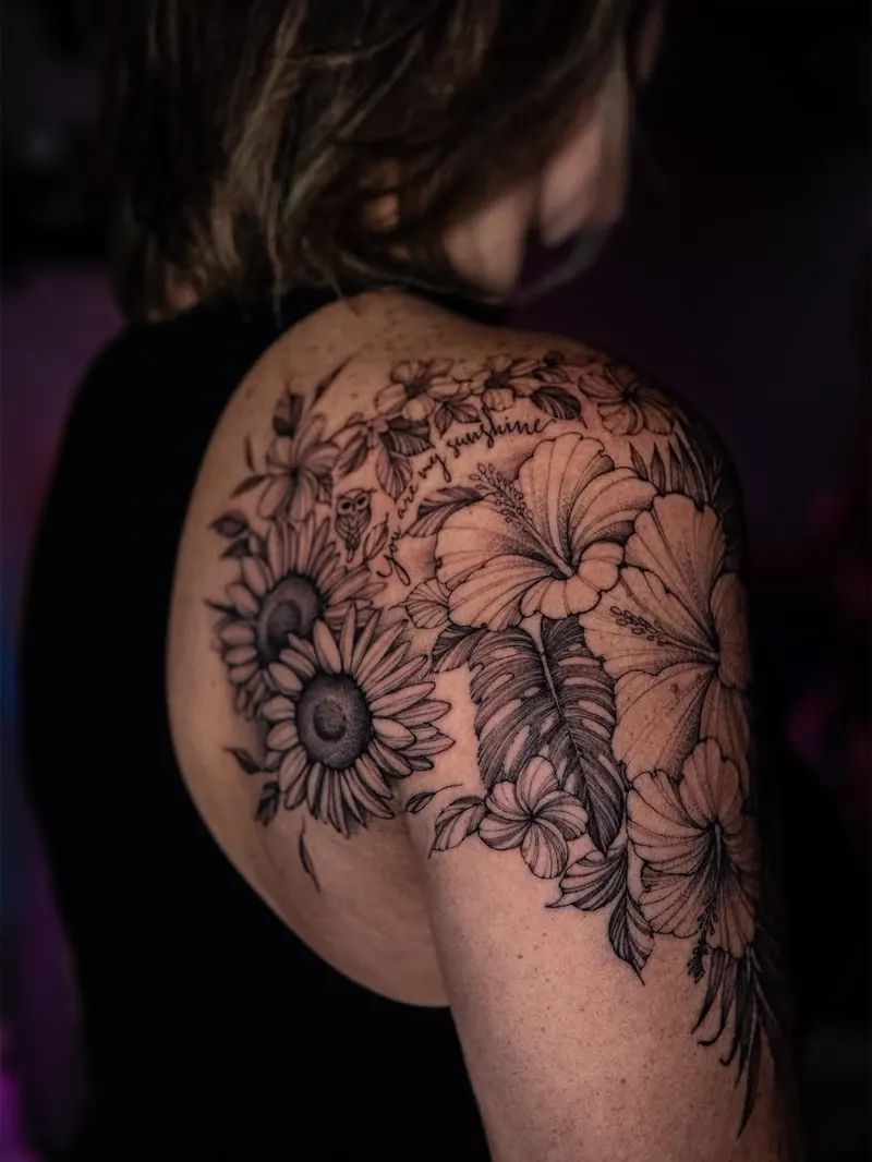 Sunflowers and wildflowers — floral & ornamental tattoo on the shoulder, by Foenix Ink, Hollywood FL (1/2)