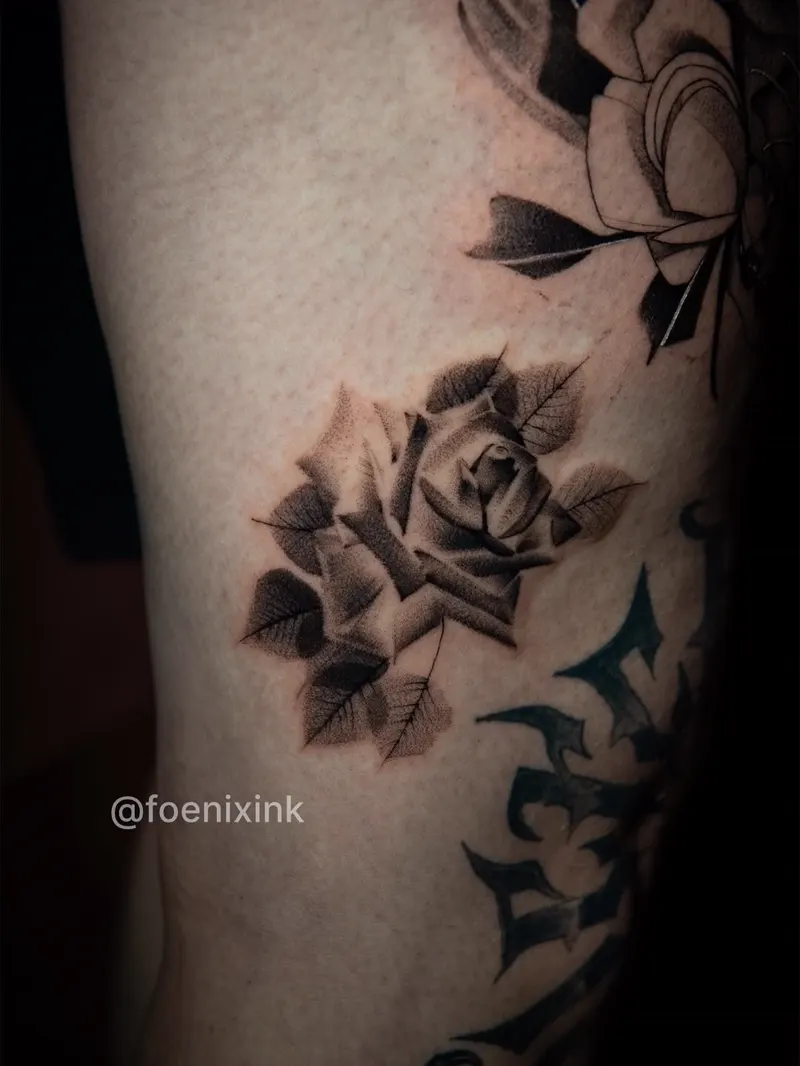 Roses with lettering — floral & ornamental tattoo on the thigh, by Foenix Ink, Hollywood FL (1/2)