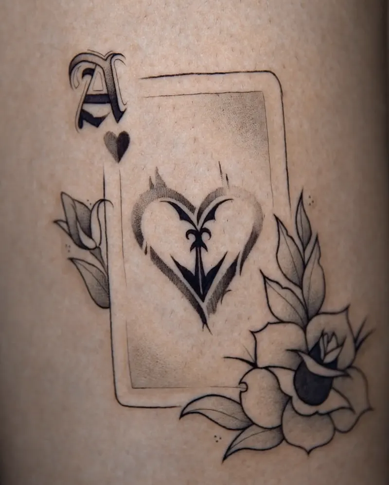Ace of hearts with rose — fine line tattoo on the forearm, by Foenix Ink, Hollywood FL (1/2)