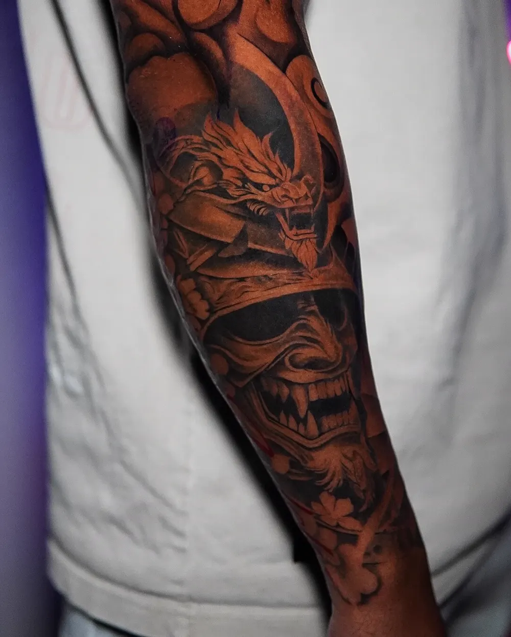 Dragon and oni mask — black & grey realism tattoo on the forearm, by Foenix Ink, Hollywood FL (1/2)