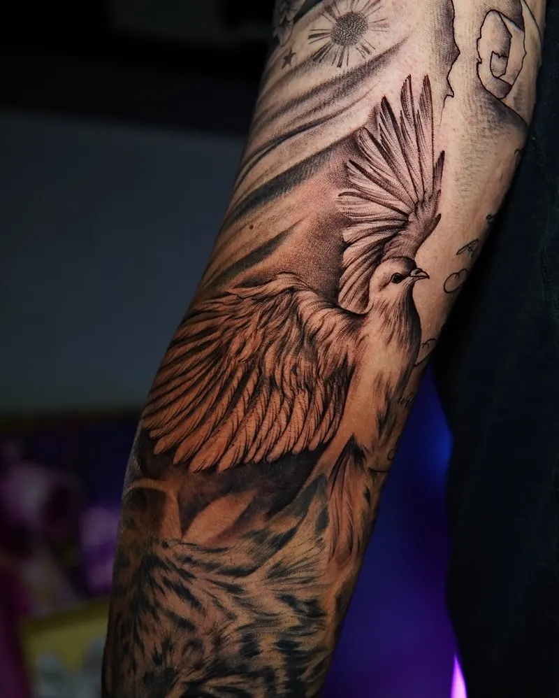 Phoenix with florals — black & grey realism tattoo on the sleeve, by Foenix Ink, Hollywood FL (1/2)